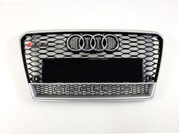 Kubay Design RS7 style honeycomb front bumper radiator grille with chrome finish and Quattro lettering — fits Audi A7 2010–2014.