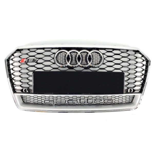 Kubay Design RS7 style honeycomb chrome front bumper radiator grille with Quattro lettering — fits Audi A7 2014–2017, premium ABS construction.