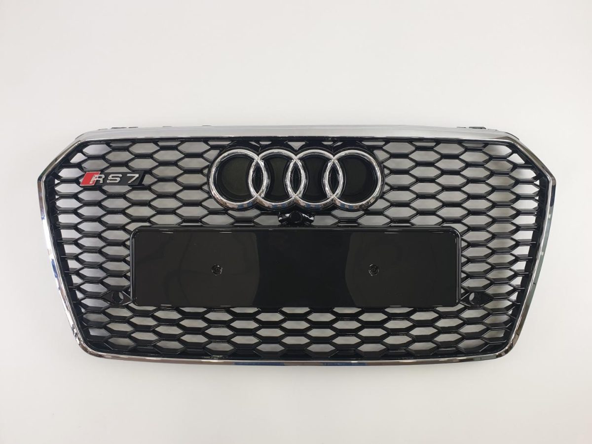 RS7 Style Chrome Front Bumper Radiator Grille for Audi A7 2014–2017 Kubay Design RS7 style honeycomb chrome front bumper radiator grille — fits Audi A7 2014–2017 with premium precision OEM fitment.