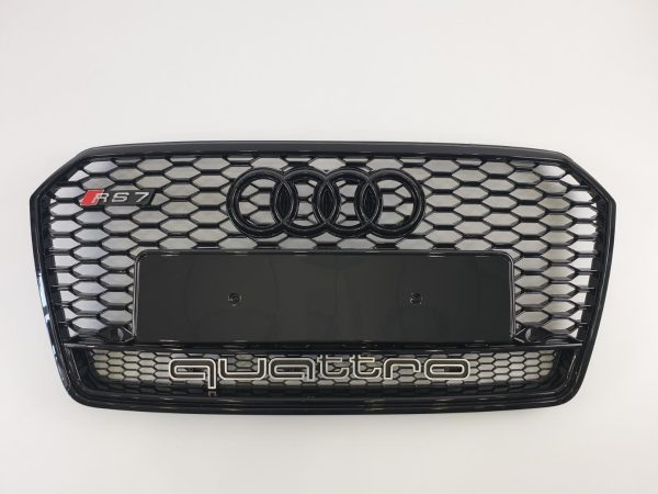 Kubay Design RS7 style honeycomb front bumper radiator grille with gloss black finish and Quattro lettering — fits Audi A7 2014–2017.