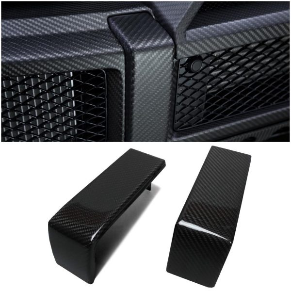 Kubay Design carbon fiber front AMG bumper brackets for Mercedes-Benz G-Class W463, genuine grey carbon with gloss UV-resistive coating, lightweight durable upgrade with OEM-style precision fit.
