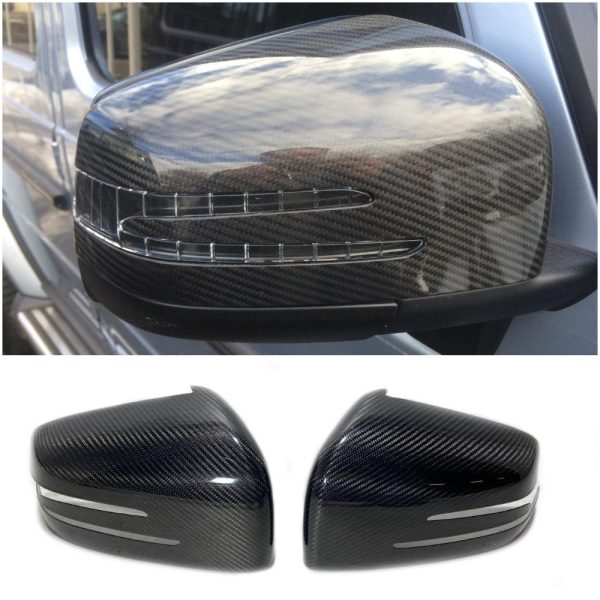 Kubay Design carbon fiber side mirror covers for Mercedes-Benz G-Class W463 and C-Class W205, genuine gloss carbon fiber weave finish, lightweight durable clip-on replacement with OEM precision fit.