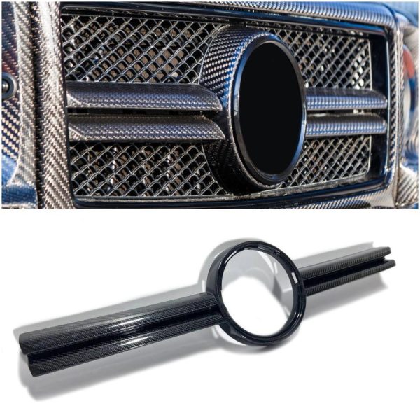 Kubay Design carbon fiber front AMG grille center for Mercedes-Benz G-Class W463, genuine grey carbon with gloss UV-resistant coating, lightweight durable upgrade with OEM-style precision fit.