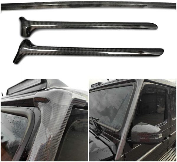 Kubay Design carbon fiber front window frame covers (A-pillar) for Mercedes-Benz G-Class W463, genuine grey carbon with gloss UV-resistant coating, lightweight durable upgrade with OEM-style precision fit.