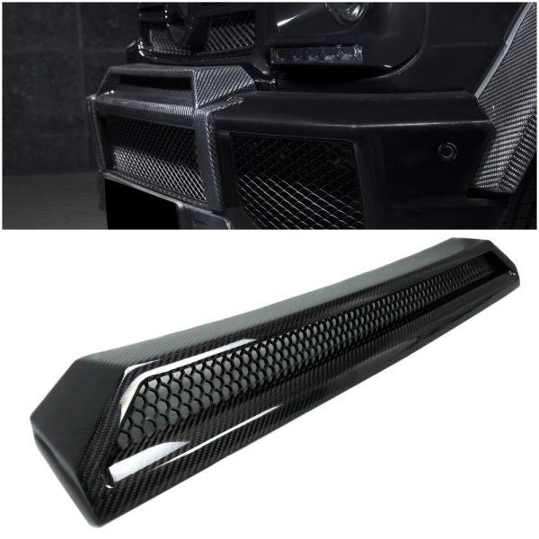 Kubay Design front bumper upper attachment AMG style in genuine carbon fiber for Mercedes-Benz G-Class W463, gloss carbon weave finish, lightweight durable upgrade with OEM-style sporty fitment.