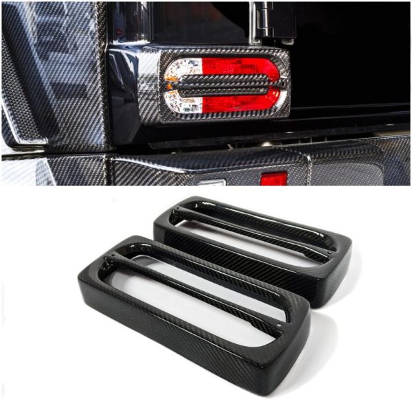 Kubay Design Mansory-inspired rear tail lights covers in genuine carbon fiber for Mercedes-Benz G-Class W463, high-gloss carbon weave finish, lightweight durable upgrade with OEM-style precision fit.