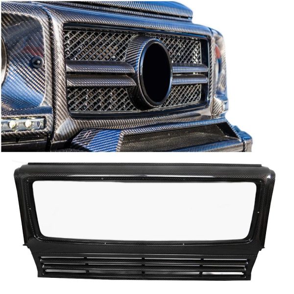 Kubay Design carbon fiber front AMG grille frame trim for Mercedes-Benz G-Class W463, genuine grey carbon with gloss UV-resistant coating, premium lightweight upgrade with OEM-style precision fit.