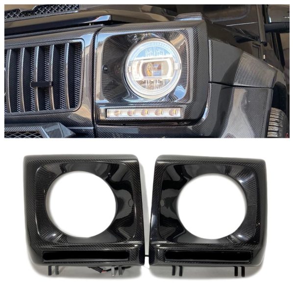 Kubay Design 2pcs set carbon fiber front headlight covers for Mercedes-Benz G-Class W463, genuine carbon fiber with gloss finish, lightweight durable upgrade with OEM-style sporty design.