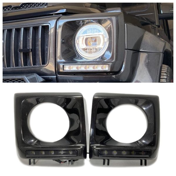 Kubay Design front headlight covers with integrated LEDs for Mercedes-Benz G-Class W463, made from 100% genuine carbon fiber with gloss finish, lightweight durable construction, premium OEM-style upgrade.