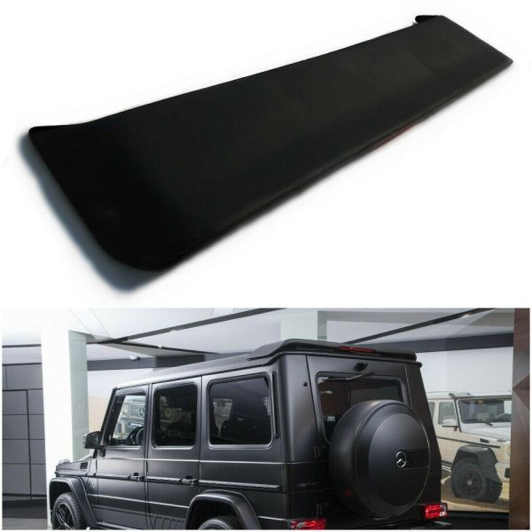 Kubay Design fiberglass rear roof spoiler with integrated LED stop light for Mercedes-Benz G-Class W463, durable primer-finished spoiler ready for painting, OEM-style upgrade for sporty styling and safety.