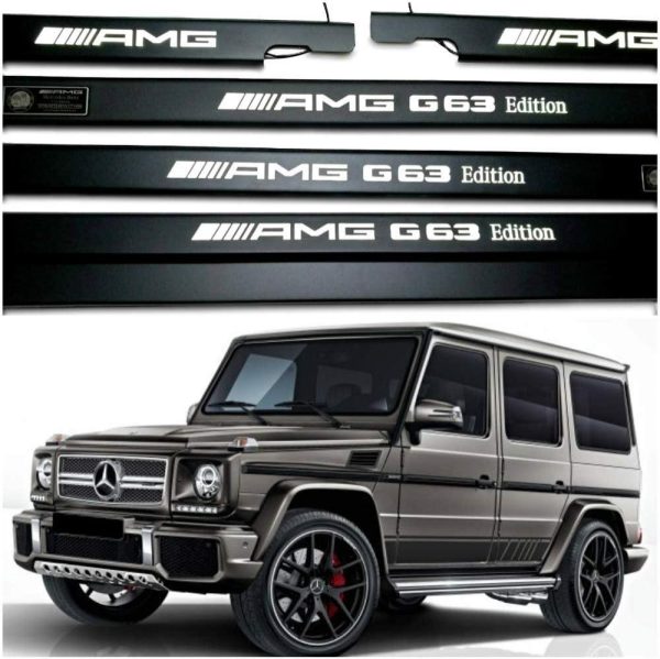 Metallic G63 AMG Edition LED illuminated door sills for Mercedes-Benz G-Class W463, premium interior upgrade with AMG branding