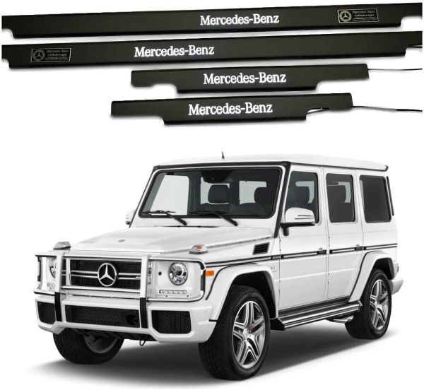Black matte metallic LED door sills set 5pcs for Mercedes-Benz G-Class W463, illuminated interior upgrade with premium finish