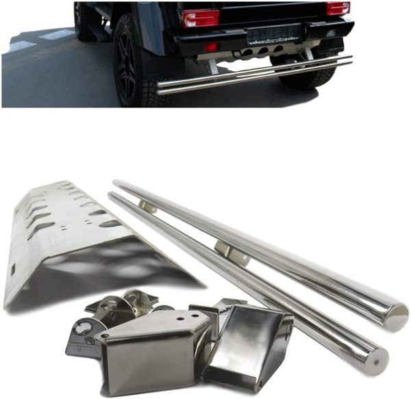 Rear skid plate with integrated pipes in brushed stainless steel for Mercedes-Benz G-Class W463, heavy-duty rear underbody protection with rugged styling