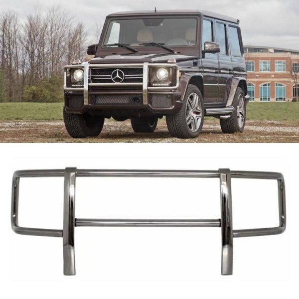 Front bumper body grille guard for Mercedes-Benz G-Class W463, black powder-coated metal construction for rugged off-road protection and bold styling