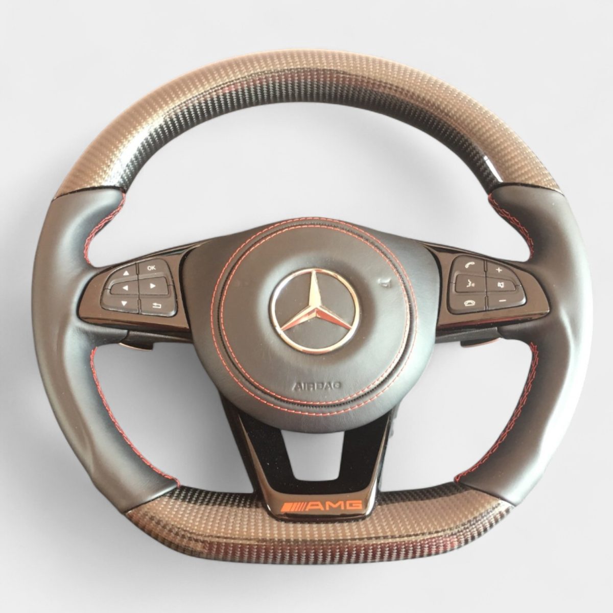 AMG Carbon & Leather Steering Wheel with Red Stitching for Mercedes-Benz CLA CLS GLE (2) mercedes cls amg style carbon fiber steering wheel kubay design