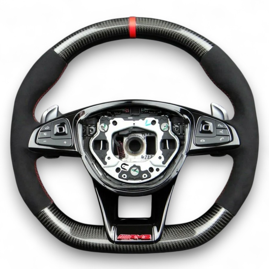 Carbon + Alcantara AMG-style flat-bottom steering wheel with red stripe for Mercedes W222, W213, W205, AMG GT. OEM base, direct fit, built to order, sold without airbag (2) mercedes w213 carbon steering wheel with red stripe