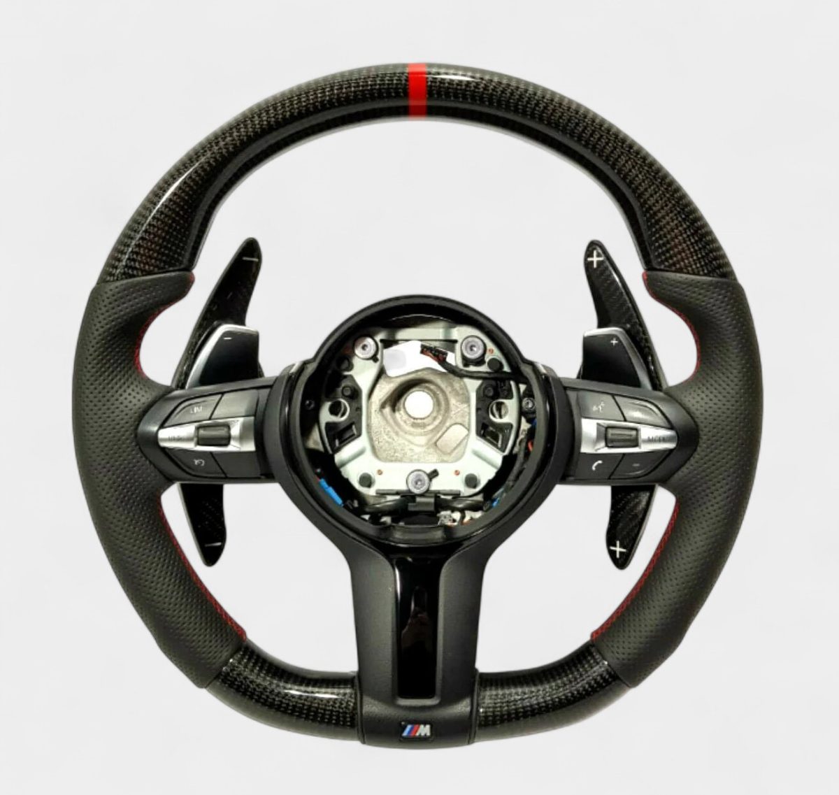 Carbon Fiber & Leather M-Style Steering Wheel with Red Stripe & Paddle Shifts for BMW F15 F30 (5) Carbon fiber paddle shift steering wheel BMW X5 F15