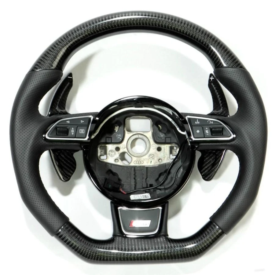 Carbon & Leather Flat-Bottom Steering Wheel for Audi A4 S4 A5 S5 Q5 SQ5 Q7 RS5 RS6 (2) carbon fiber steering wheel audi s4 perforated leather