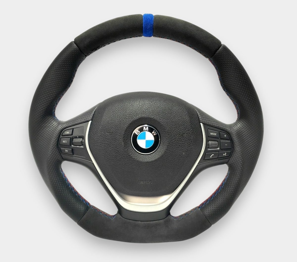 Leather Flat Bottom Steering Wheel with Blue Alcantara Stripe for BMW F30 (3) Blue stripe leather steering wheel BMW 3 Series