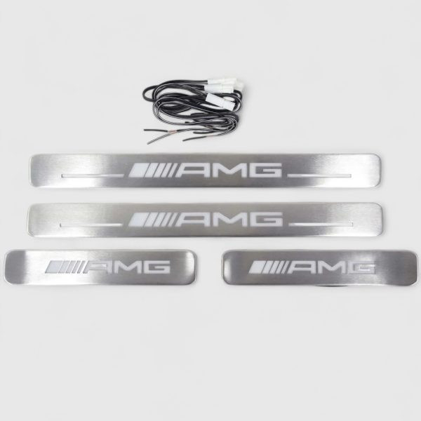 Close-up of AMG LED Metal Door Sill with Bright White Illumination