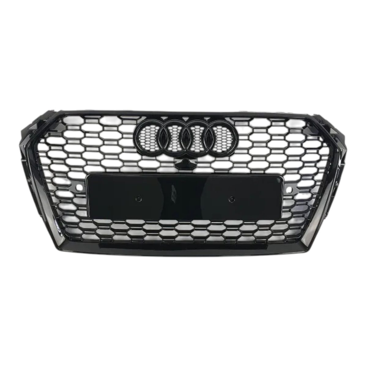 full view showing uninstalled RS style gloss black radiator mesh grille with emblem rings and license plate holder