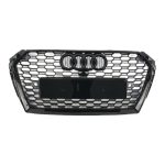 full view showing uninstalled RS style gloss black radiator mesh grille with emblem rings and license plate holder