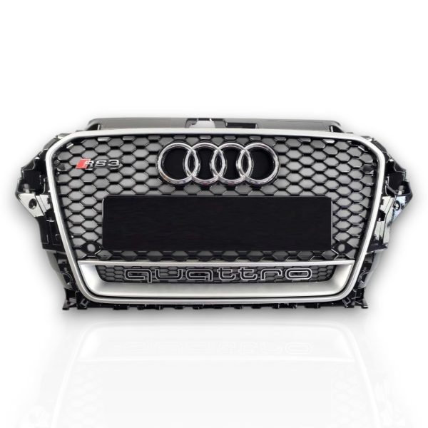 RS3 Quattro Style Black Front Radiator Grille with Gray Border for Audi A3 2013–2016