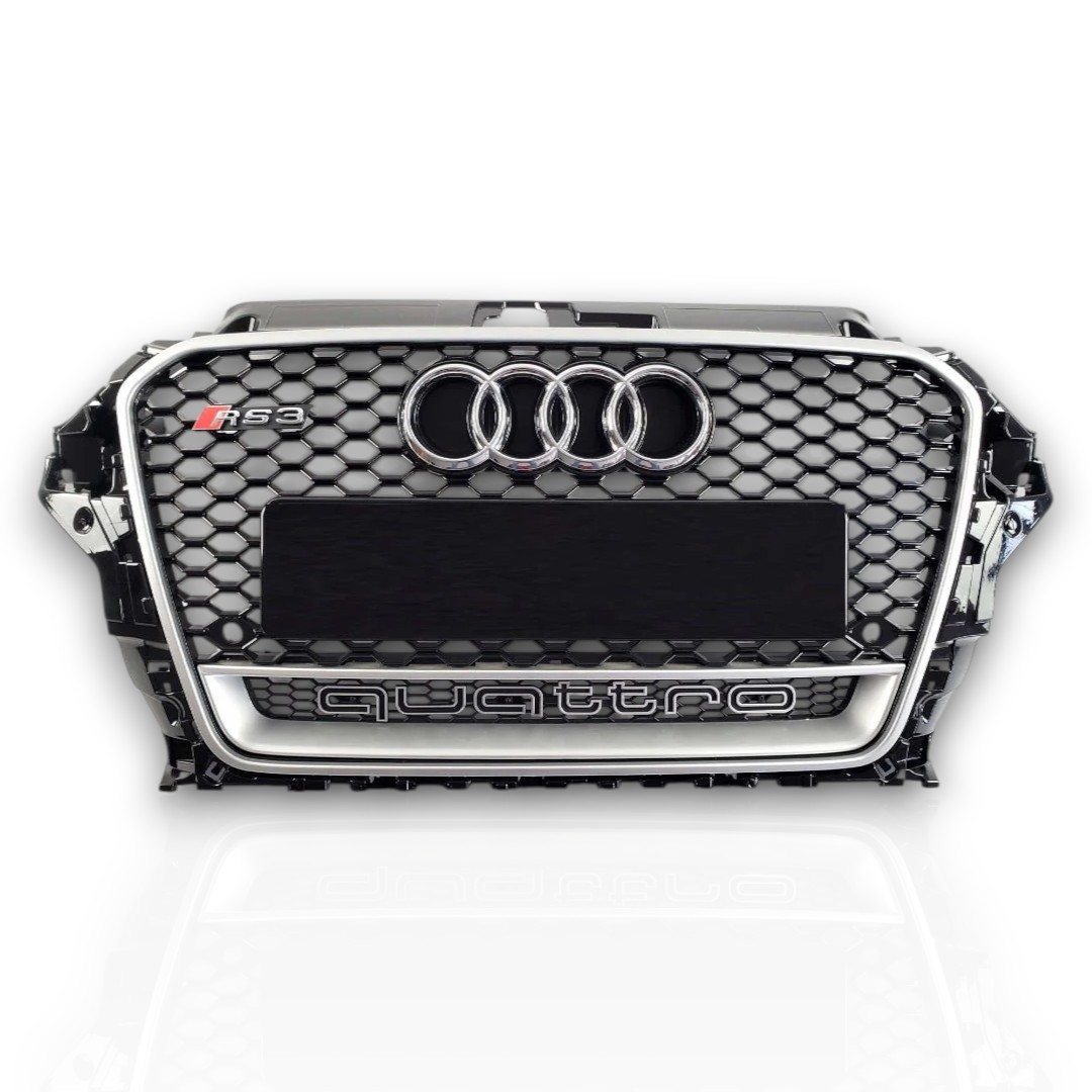 RS3 Quattro-Style Front Radiator Grille Black with Gray Border for Audi A3 2013–2016 RS3 Quattro Style Black Front Radiator Grille with Gray Border for Audi A3 2013–2016