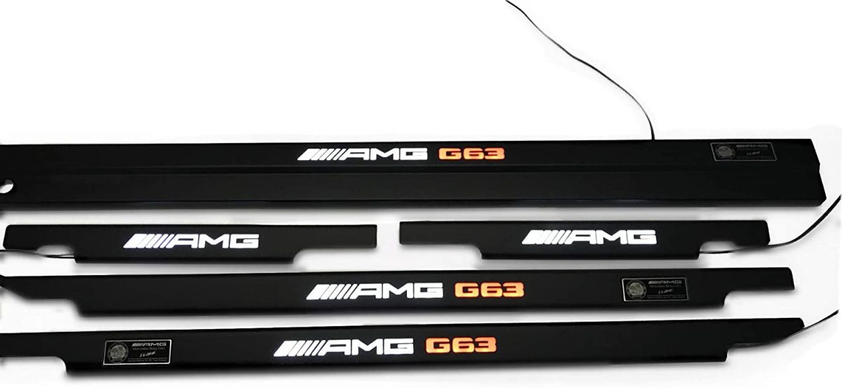 lose-up of AMG G63 style illuminated logo on door sills for Mercedes W463 6×6