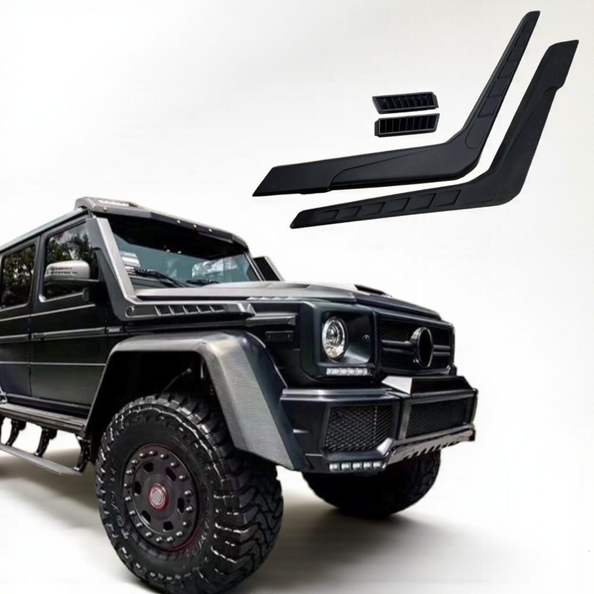 Fiberglass Air Intake Snorkel Set for Mercedes-Benz G-Class W463 6×6 Mercedes-Benz G-Class W463 6×6 with fiberglass air intake snorkels installed – Kubay Design