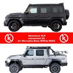 Profile perspective displaying dark custom SUV with lifted off-road suspension and red banner