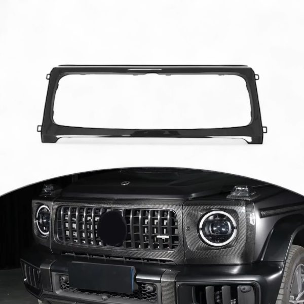 : Carbon fiber JCW-style grille frame fitted on Mercedes-Benz G63 W465 front end