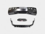 Flat-lay view of uninstalled black steel front winch mount bumper plate, hawse fairlead, and mounting brackets