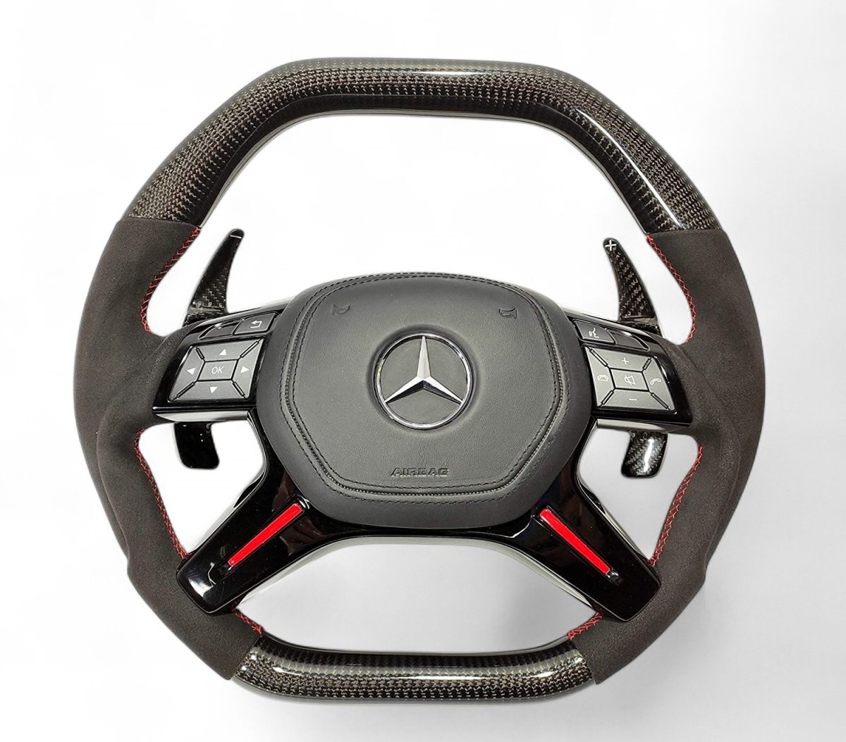 Carbon Fiber & Alcantara Steering Wheel for Mercedes-Benz G-Class W463 GL X166 ML W166 Mercedes-Benz G-Class W463 Carbon Alcantara Steering Wheel – flat-bottom sport design by Kubay Design.