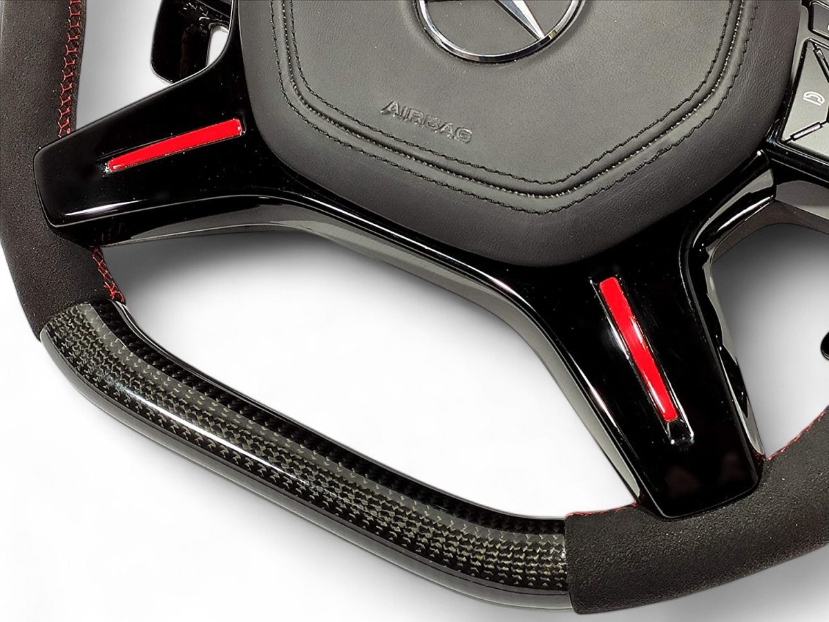 Kubay Design carbon and Alcantara steering wheel for Mercedes-Benz G-Class – red line and carbon paddles.