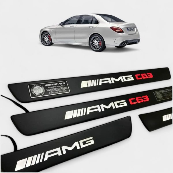 Illuminated red AMG logo door sill – close-up