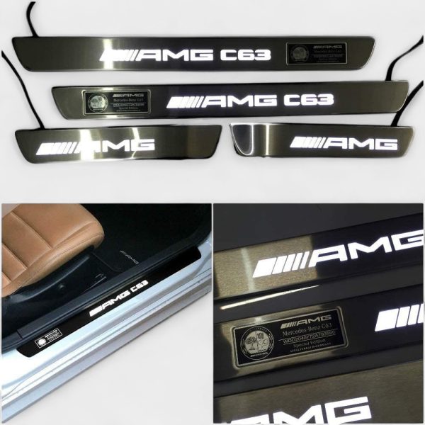 Chrome LED door sills white glow for Mercedes W205 – front view
