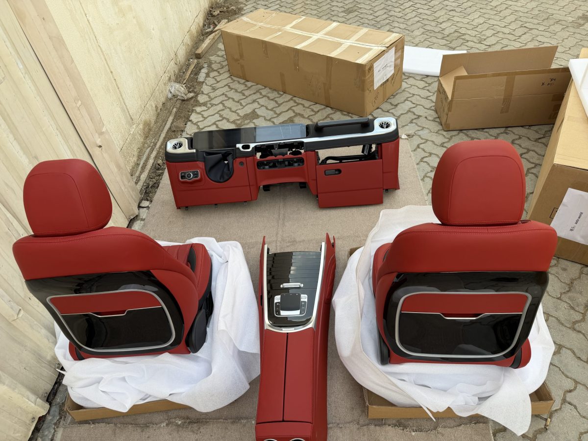Front view of Mercedes-Benz G-Class W463 W465 style interior conversion including dashboard, seats, door panels, and center console.