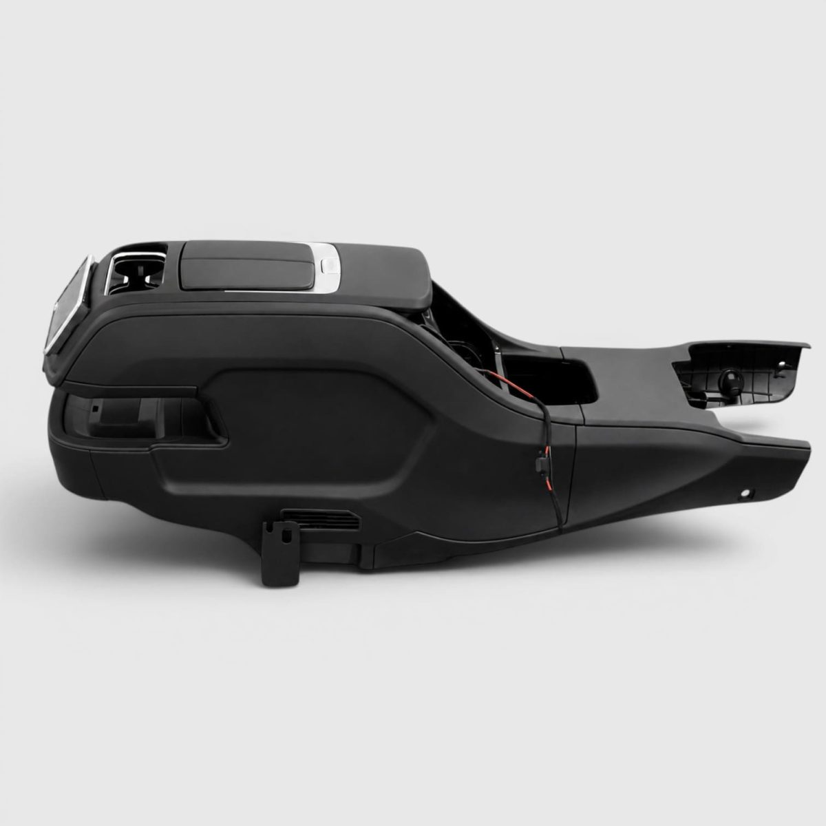 Top view of Mercedes V-Class W447 center console with smart touch display, cup holders, and fridge armrest