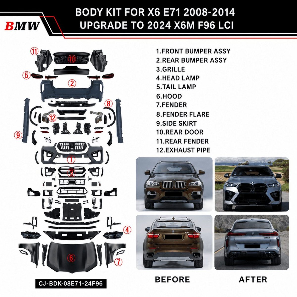 BMW X6M F96 LCI Style Body Kit for BMW X6 E71 2008-2014 Upgrade (1) Complete BMW X6M Body Kit for BMW X6 E71 2008-2014 Upgrade to 2024 F96 LCI