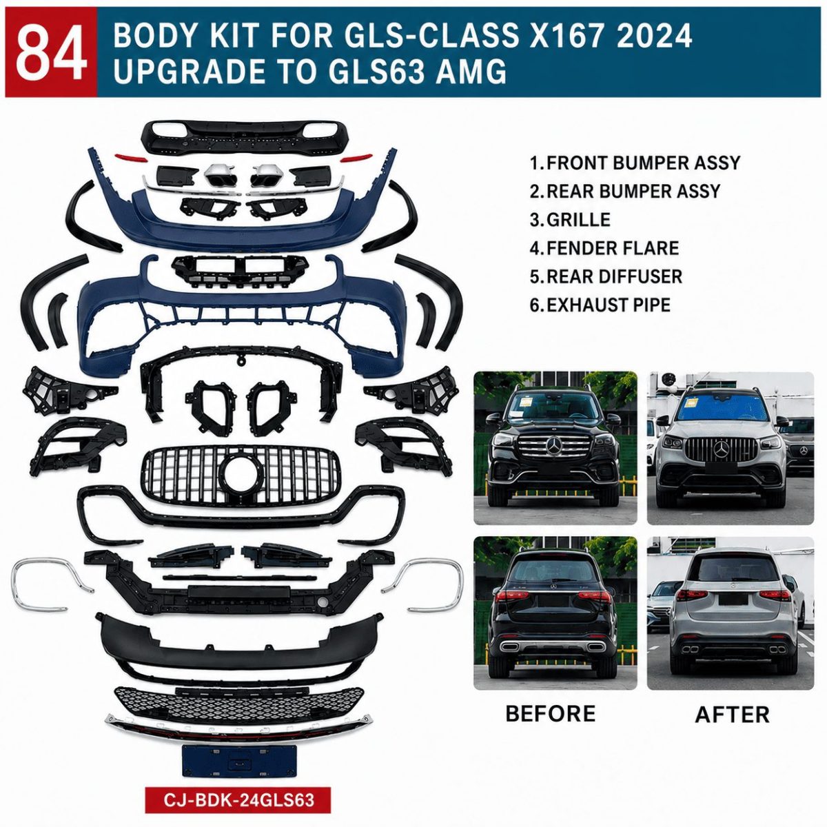 GLS63 AMG Style Body Kit for Mercedes GLS-Class X167 2024 Upgrade (2) Mercedes GLS X167 2024 AMG Conversion Kit Including Front Bumper, Rear Bumper, Grille and Diffuser