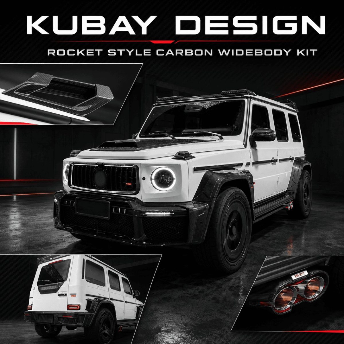 Rocket Style Carbon Fiber Widebody Kit for Mercedes-Benz G-Class W465 (1) Carbon fiber front grille surround with illuminated Rocket emblem for Mercedes-Benz G-Class W465