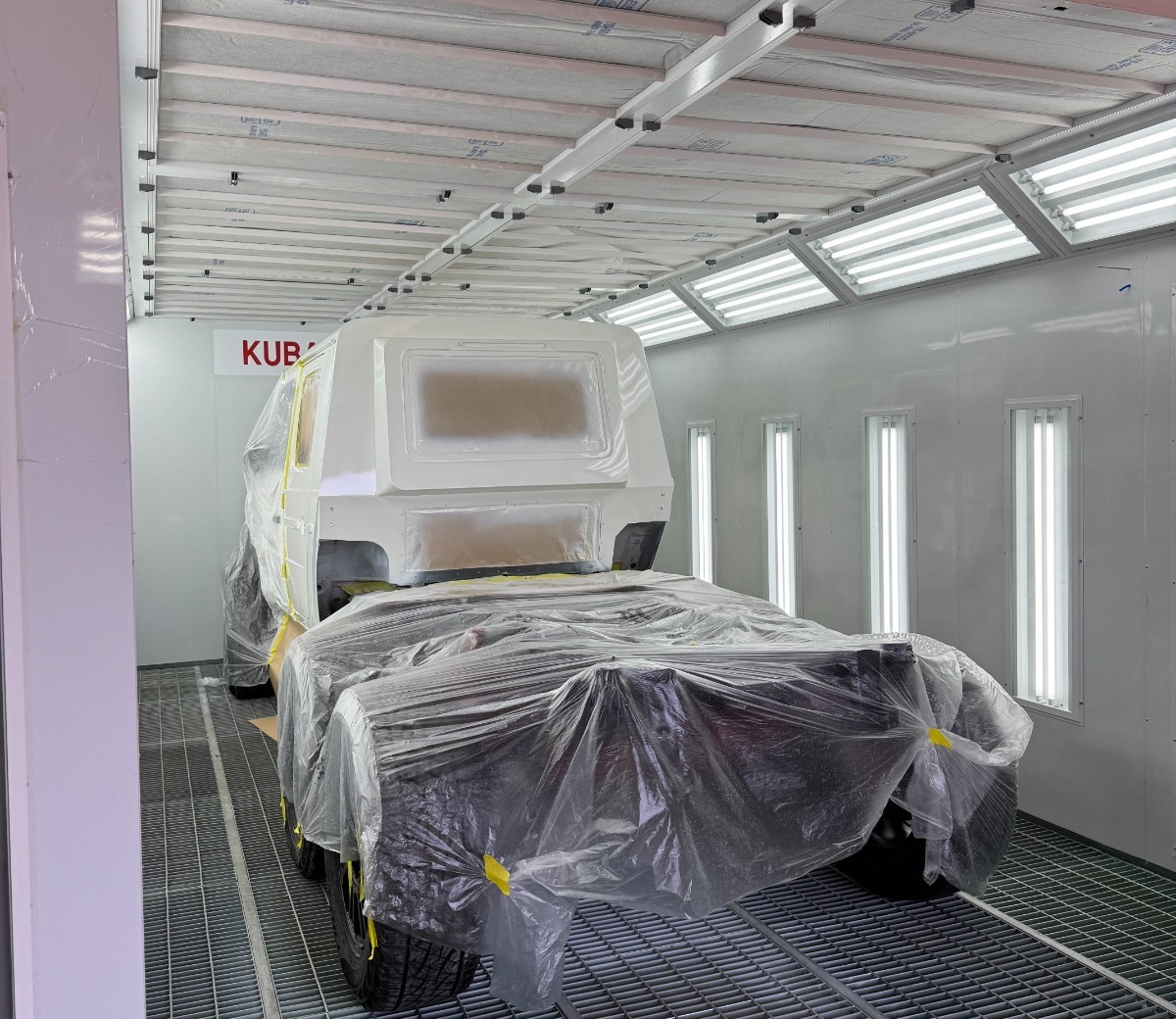 Primered Mercedes G-Class 6x6 cab inside the Kubay Design paint booth, 2022 Middle East build