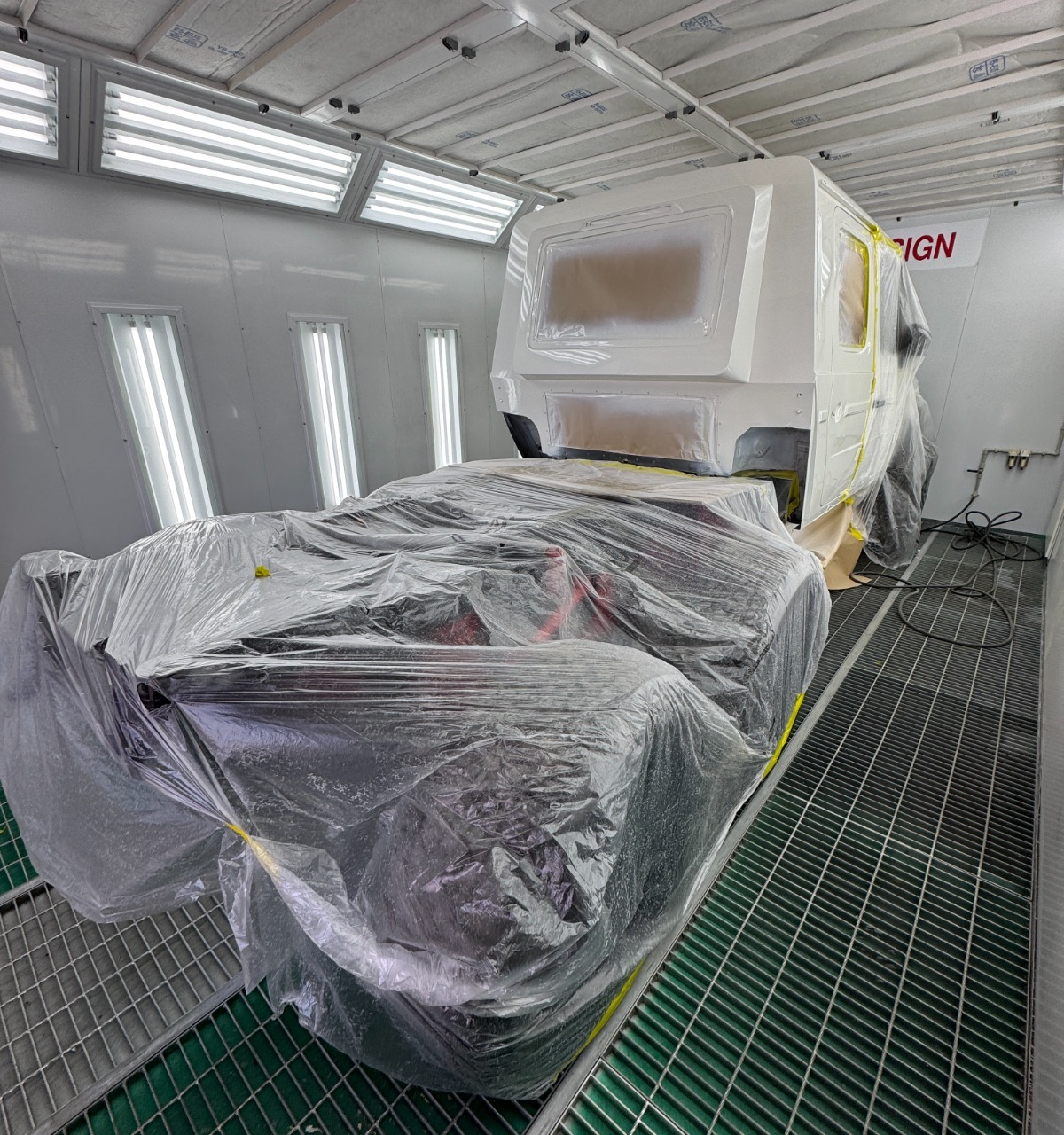 Mercedes G-Class 6x6 body wrapped for painting in the Kubay Design paint booth, 2022 project